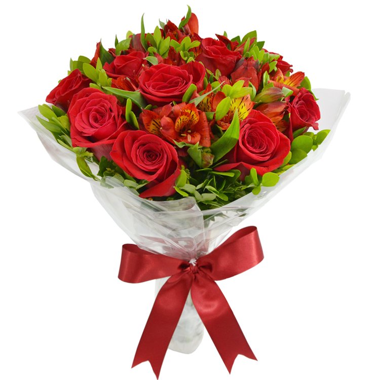 Encanto de rosas e astromélias vermelhas - Especiale Cestas e Presentes  Online