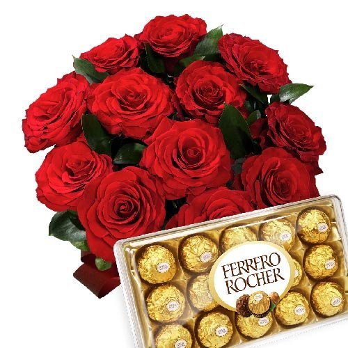 12 Rosas vermelhas e Ferrero - Especiale Cestas e Presentes Online