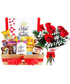 cesta de café da manhã personalizadas com buque de flores para o dia das mães
