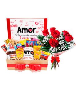 cesta de café da manhã para o dia dos namorados mais buquê de rosas vermehas